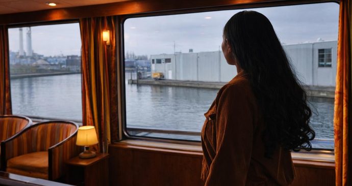 Van Belarus – A woman seeking asylum stands inside a converted boat